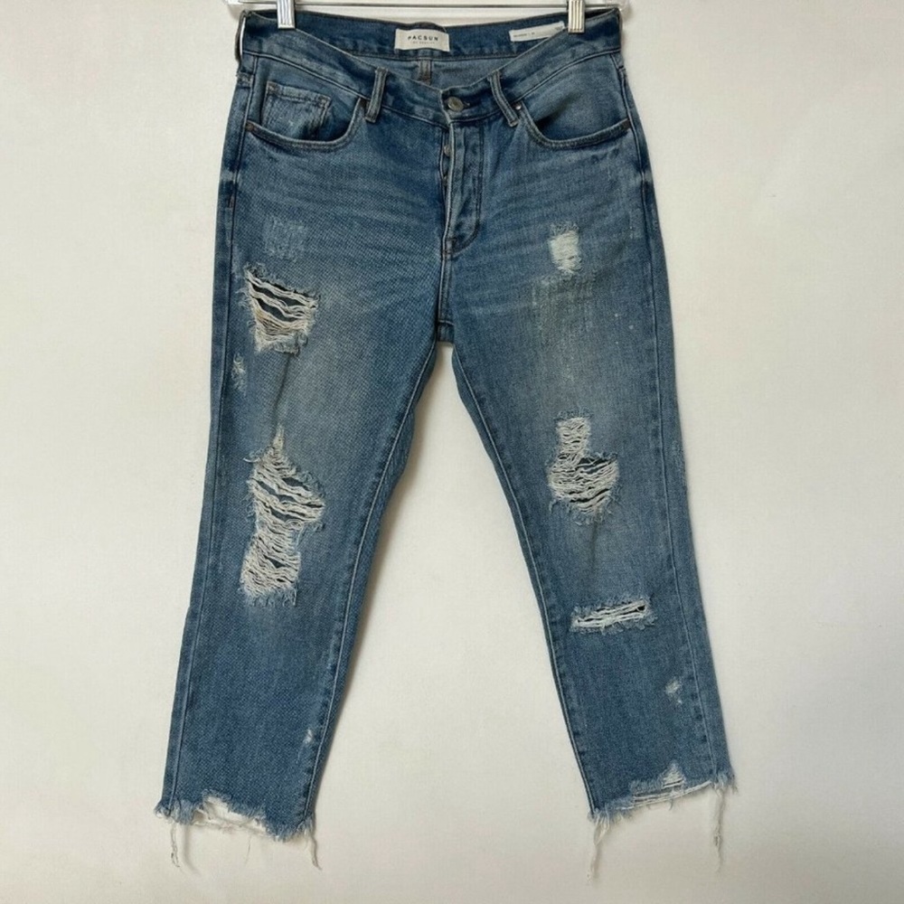PacSun Destroyed Raw Hem Button Fly Boyfriend Jeans Light Wash Denim Womens 26